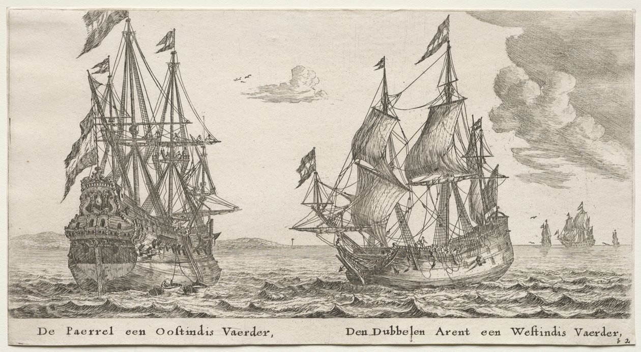 Ulike skip og utsikt over Amsterdam (Verscheÿde Schepen en Gesichten van Amstelredam), del II: Perlen og østindiamannen, dobbeltørnen, en vestindiamann av Clement de Jonghe