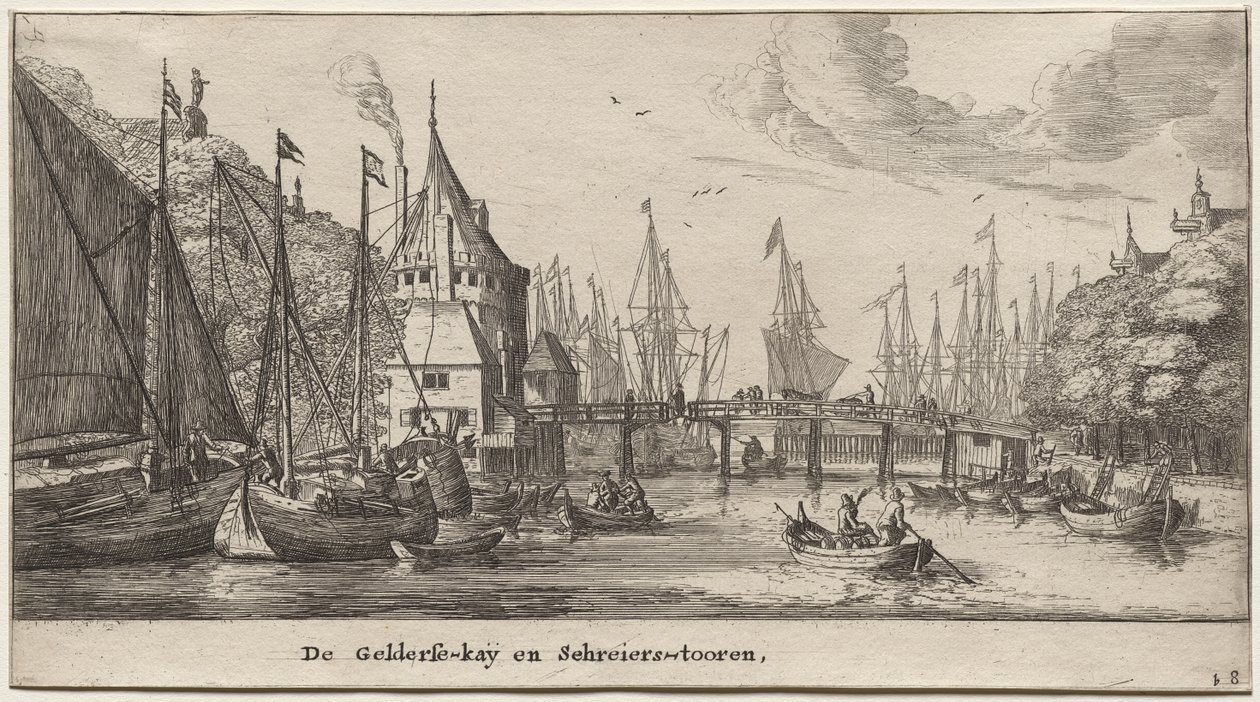Ulike skip og utsikt over Amsterdam (Verscheÿde Schepen en Gesichten van Amstelredam), del II: Geldersche Quai og Schreiers Tower av Clement de Jonghe