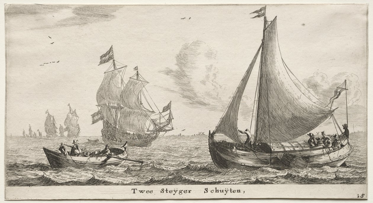 Ulike skip og utsikt over Amsterdam (Verscheÿde Schepen en Gesichten van Amstelredam), del II: Two Pier Boats av Clement de Jonghe