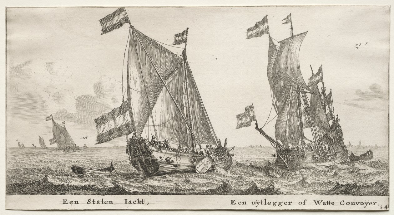 Ulike skip og utsikt over Amsterdam (Verscheÿde Schepen en Gesichten van Amstelredam), del II: Dutch Admiralty Yacht. Et vaktskip av Clement de Jonghe