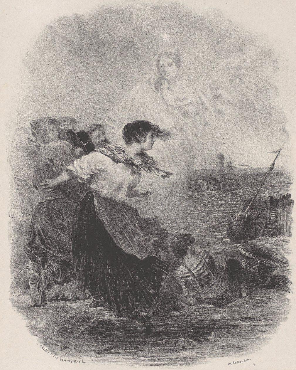 Kvinne ved havet med madonnaen, peker på et skip, ca. 1848-62. av Célestin Nanteuil