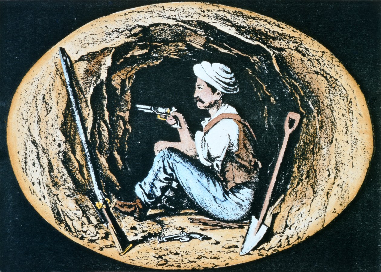 Britisk sapper bevæpnet med Colt Revolver venter i gruven på at fiendens mot-sapper skal bryte gjennom av Clifford Henry Mecham