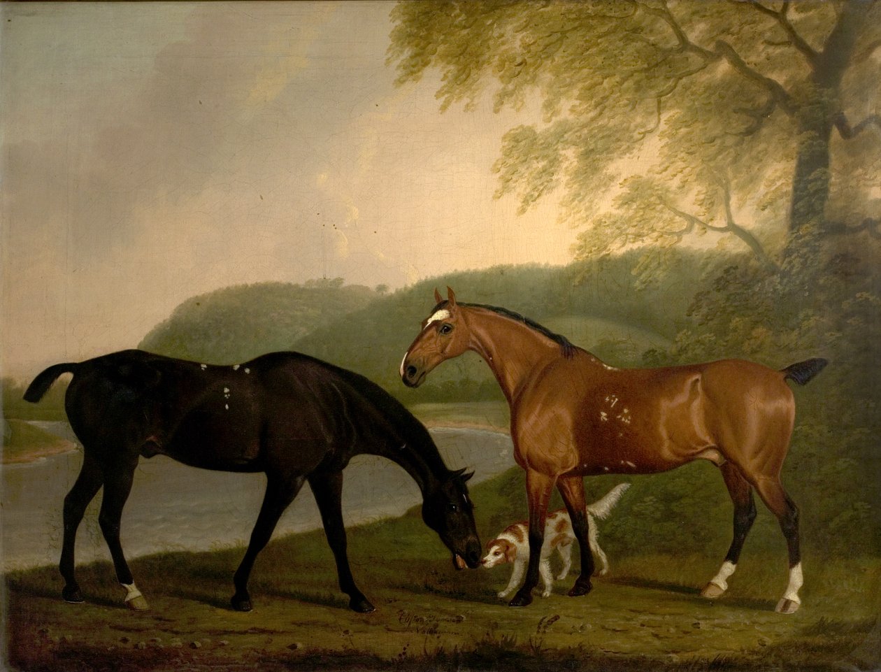 Hester og hund i et landskap, ca. 1830 av Clifton Tomson