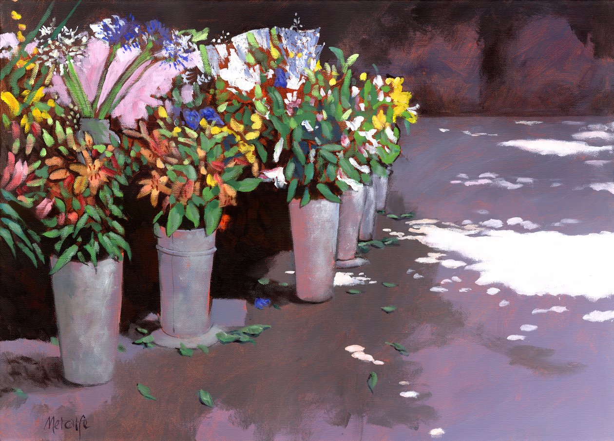 Fransk blomstermarked, 2007 (akryl om bord) av Clive Metcalfe