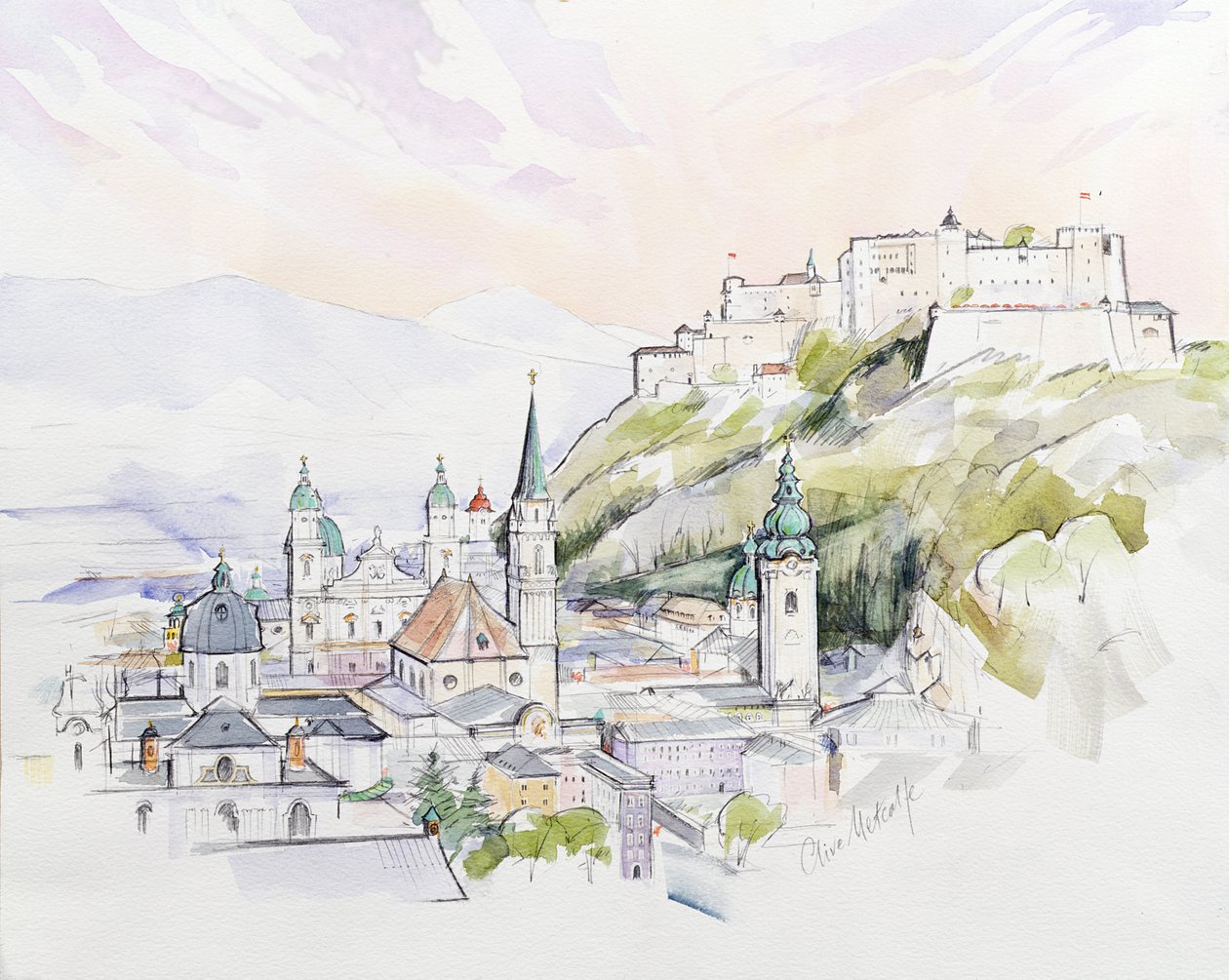 Salzburg Sunrise (wc på papir) av Clive Metcalfe