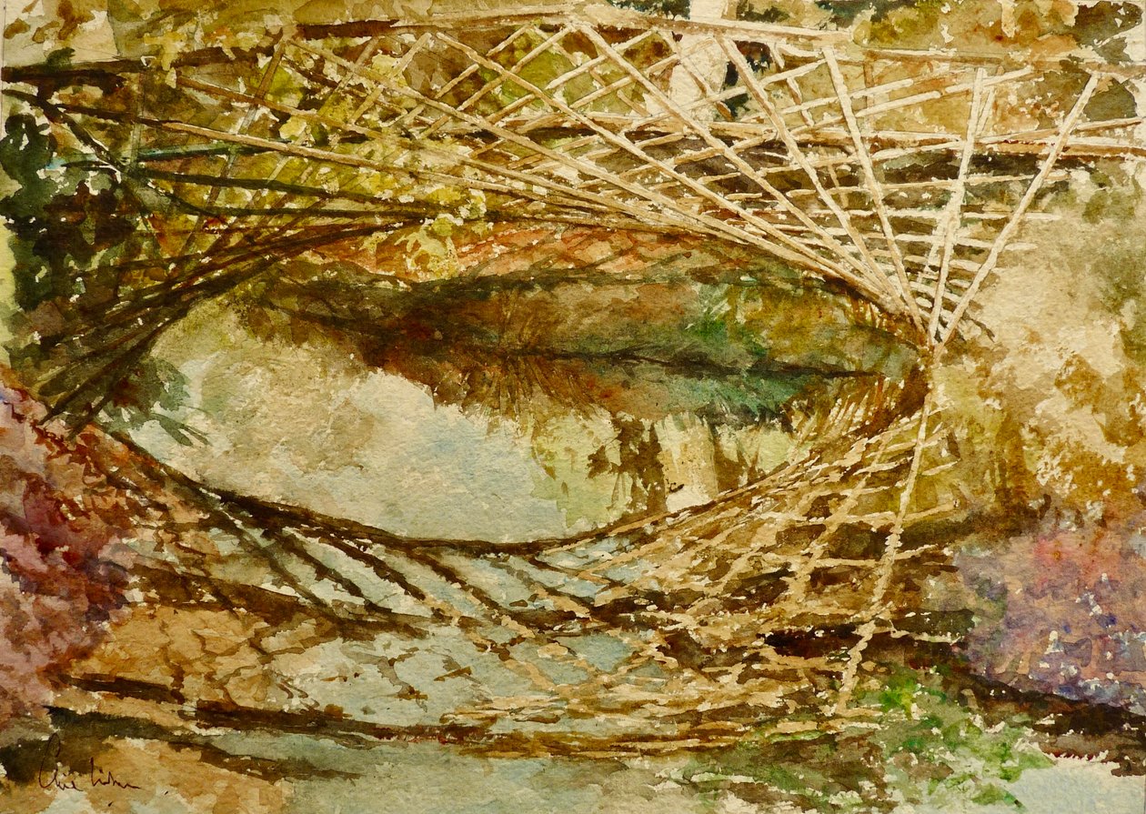 Kingfisher Bridge, høstfarger, 2021 (akvarell) av Clive Wilson