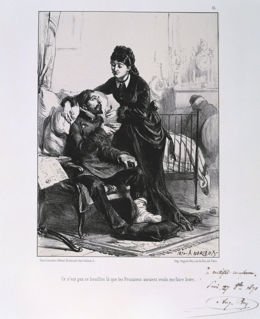 Fransk-prøyssisk krig 1870-1871: En såret soldat blir pleiet og næret. Fra en serie litografier av Clement August Andrieux på Gardes Nationales. av Clément Auguste Andrieux