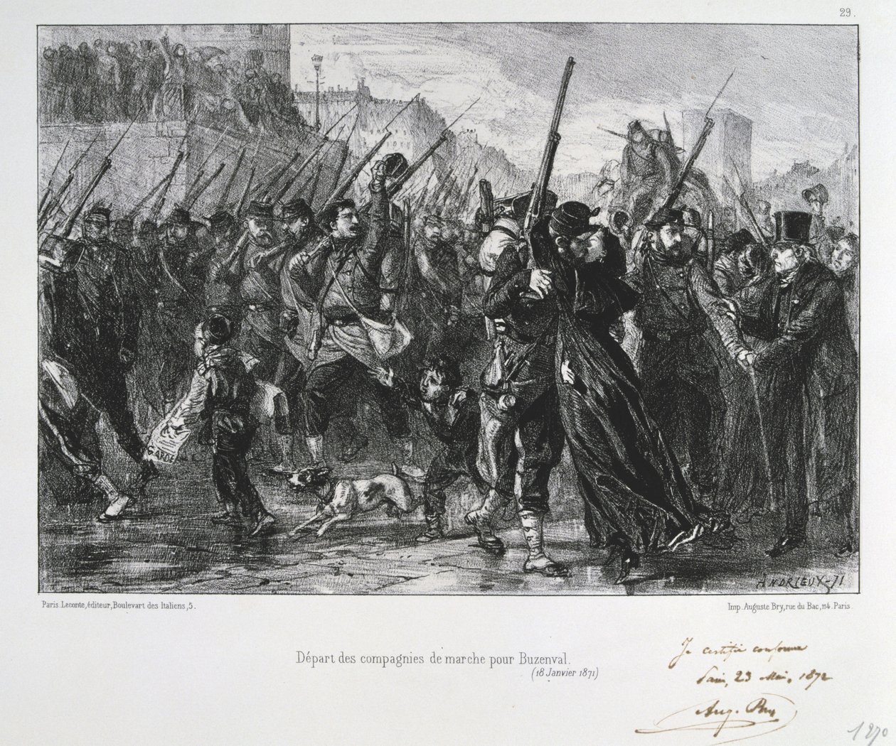 Fransk-prøyssisk krig 1870-1871: Slaget ved Buzenval (Mount Valerien) nær Versailles 19. januar 1871. Garde National marsjerer til slaget og nederlaget. Fra en serie litografier av Clement August Andrieux på Gardes Nationales. av Clément Auguste Andrieux