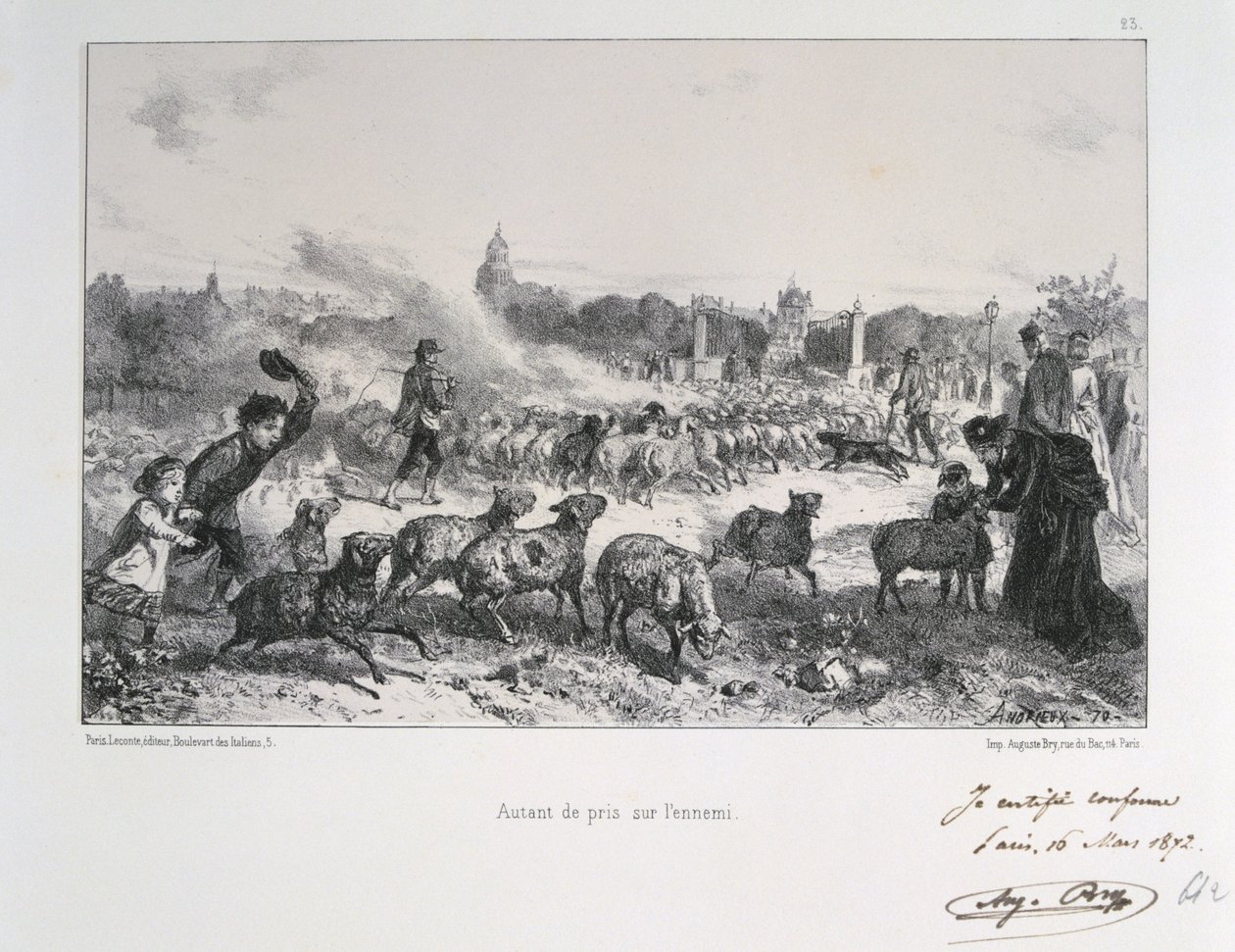 Fransk-prøyssisk krig 1870-1871: Å drive bort en flokk sauer for å nekte dem å falle i hendene på prøysserne. Fra en serie litografier av Clement August Andrieux på Gardes Nationales. av Clément Auguste Andrieux