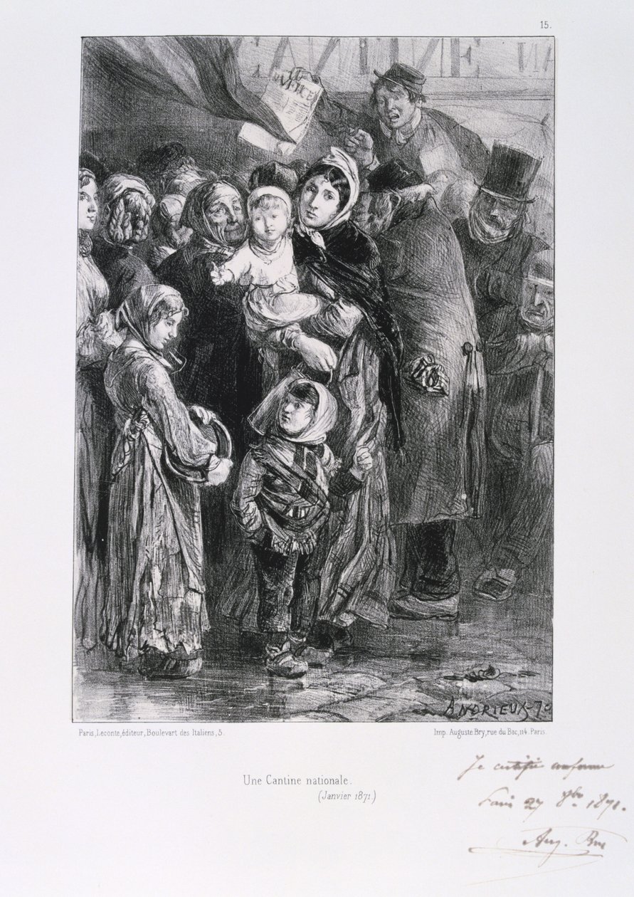 Fransk-prøyssisk krig 1870-1871. Beleiring av Paris 19. september 1870-28. januar 1871. Et nasjonalt suppekjøkken i Paris, januar 1871. Fra en serie litografier av Clement August Andrieux på Gardes Nationales. Matmangel Sult av Clément Auguste Andrieux