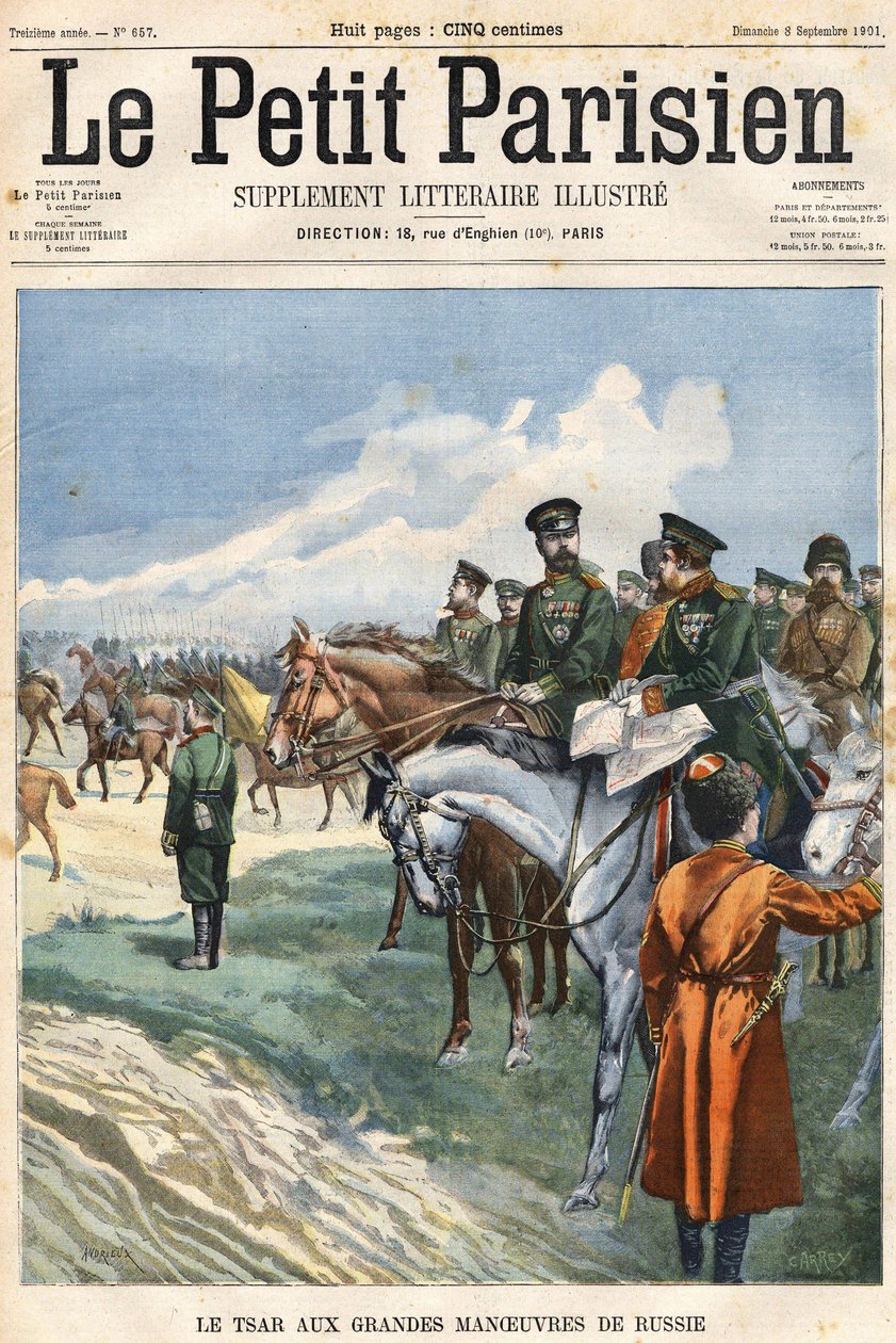 Tsaren (Nicholas II) til Russlands store manøvrer. Omslag “” Le Peute Parisien”” fra 08.09.1901. av Clément Auguste Andrieux