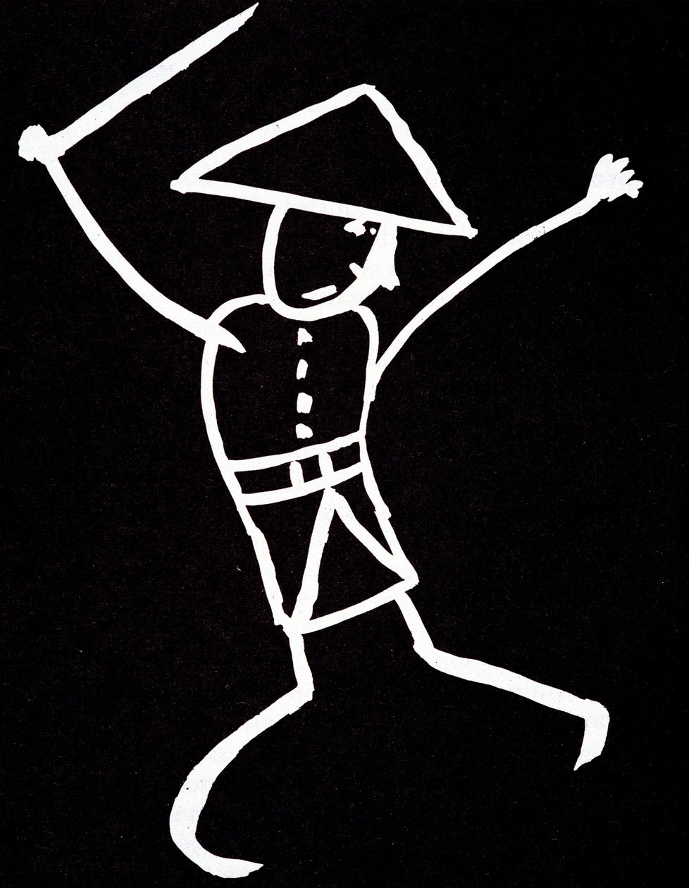 Karakter med hatt, uniform og svingt. Anime-tegning av Emile Cohl (1857-1938) i hvitt på svart. av Cohl