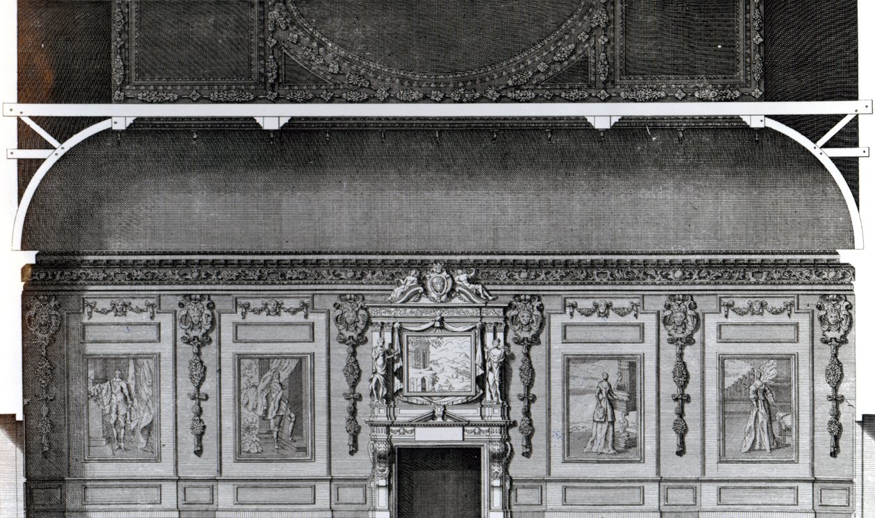 Seksjon av den store spisesalen i Wilton, etter et design av Inigo Jones, gravert av H. Hulsbergh, publisert i 'Vitruvius Britannicus', 1717 av Colen Campbell