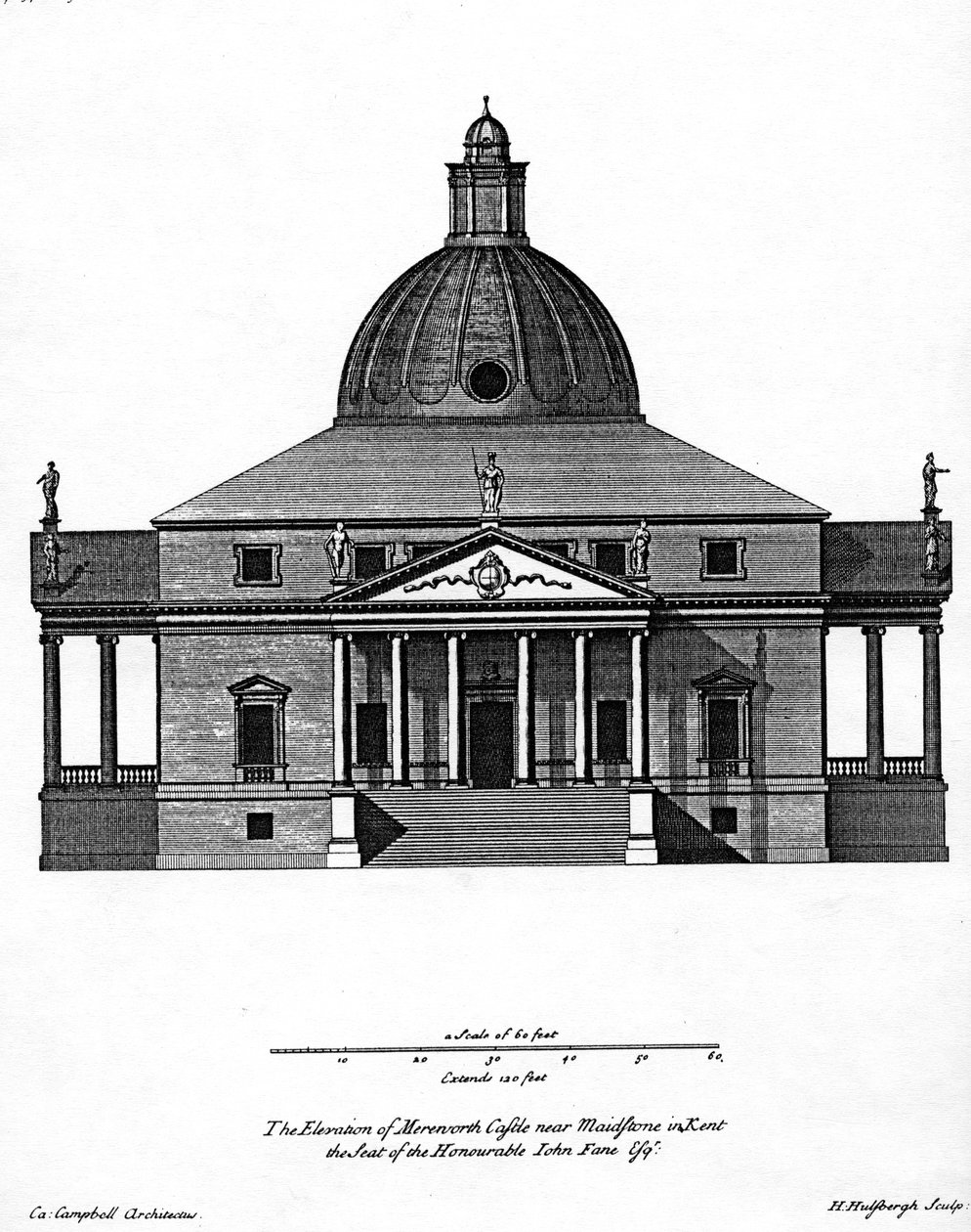 Høyde av Mereworth Castle, gravert av H. Hulsbergh, ca. 1722-24 av Colen Campbell