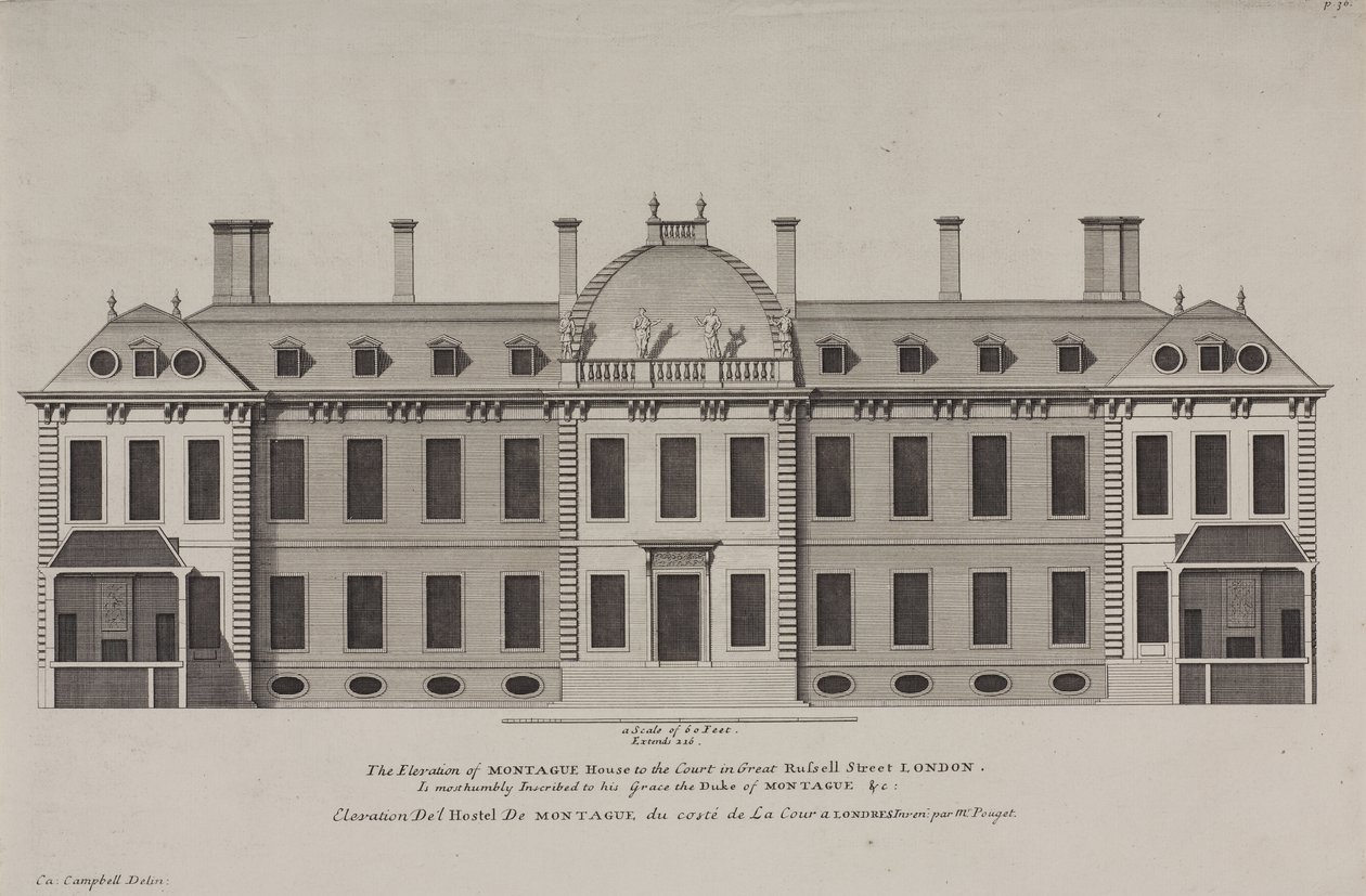 Forhøyning av Montague House til domstolen i Great Russell Street, Holborn, ca. 1725 (gravering) av Colen Campbell