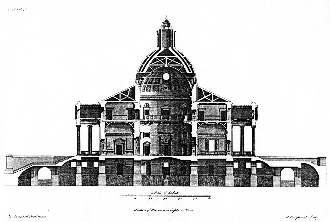 Utsnitt av Mereworth Castle i Kent, gravert av H. Hulsbergh, ca. 1722-24 av Colen Campbell