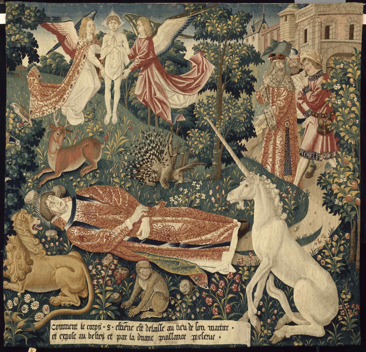 Enhjørning. Fra: The Hanging of Saint Stephen. Scene 8: Martyrens kropp utsatt for dyrene, ca. 1500. av Colijn de Coter after