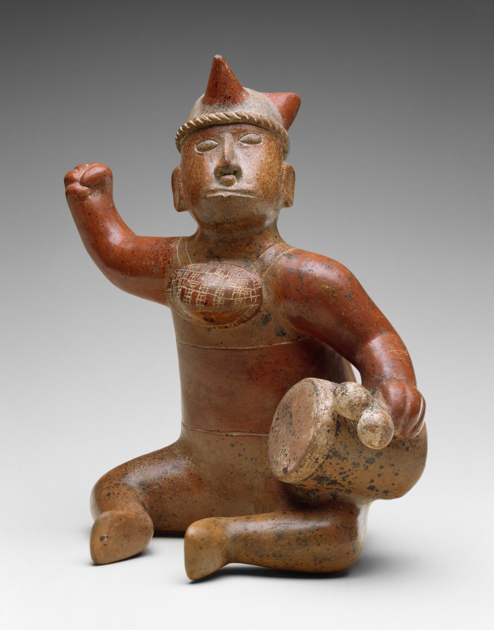 Sittende musiker, Mexico, 100 f.Kr.-300 e.Kr. (keramikk med bichrome slip-maleri) av Colima Culture