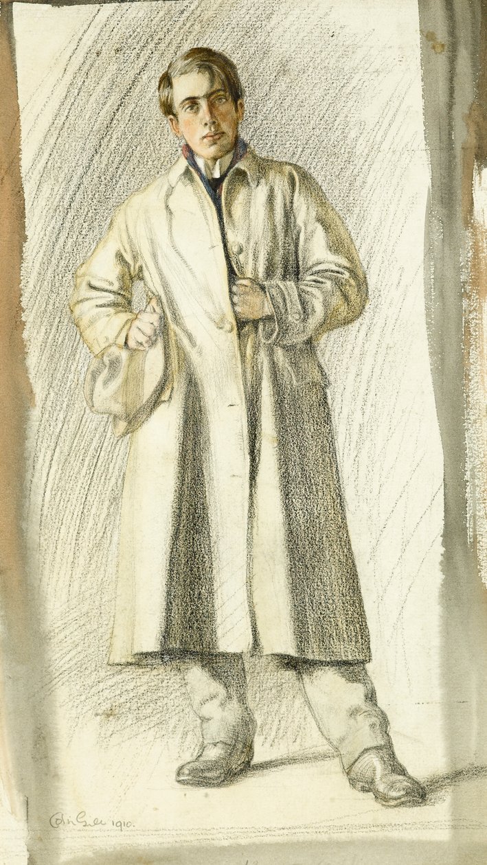 Portrett av en ung mann med frakk og hatt, 1910 av Colin Unwin Gill