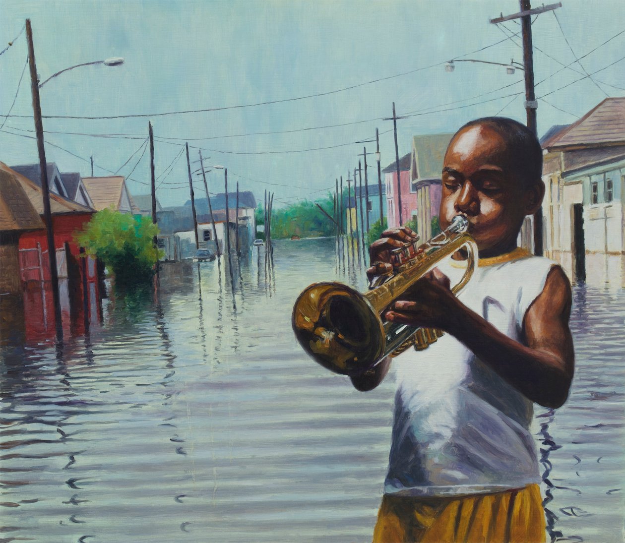 Boy With Horn, 2010 (olje om bord) av Colin Bootman