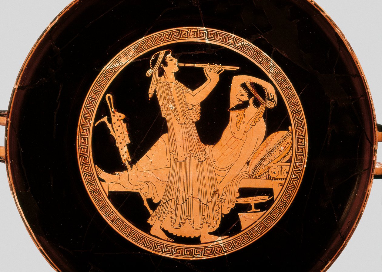 Bankett og dobbel fløytespiller, detalj fra kylix eller Attic rødfigurkopp, ca. 490 f.Kr. (terrakotta) av Colmar Painter