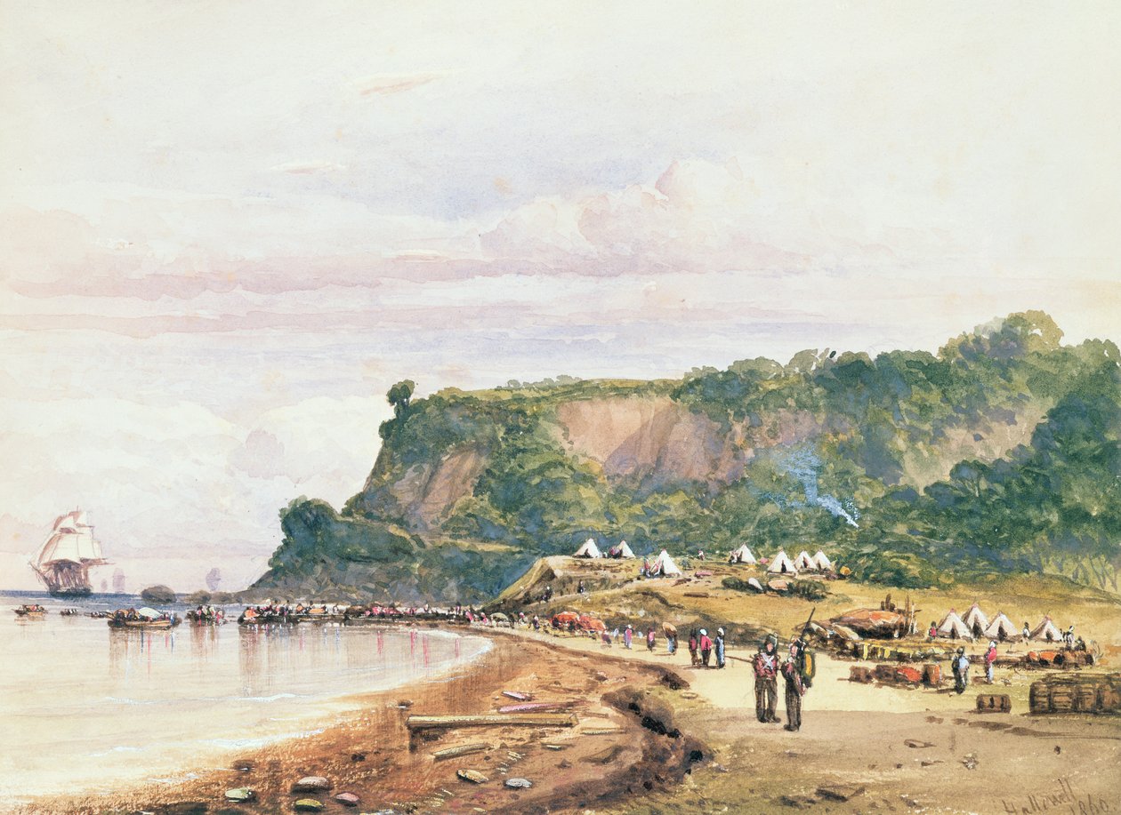 Landing av de britiske og franske troppene ved Varua ved Svartehavet fra H.M.S.Bellerophon, 17. juli 1854 i Krim-krigen (akvarell) av Colonel Ben Hallewell