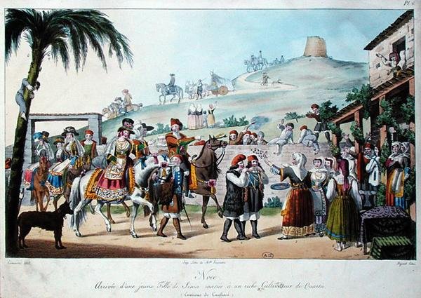 Bryllupsprosesjon i Cagliari-regionen i Italia, gravert av Bezard 1825 (farget lito) av Cominotti Cominotti