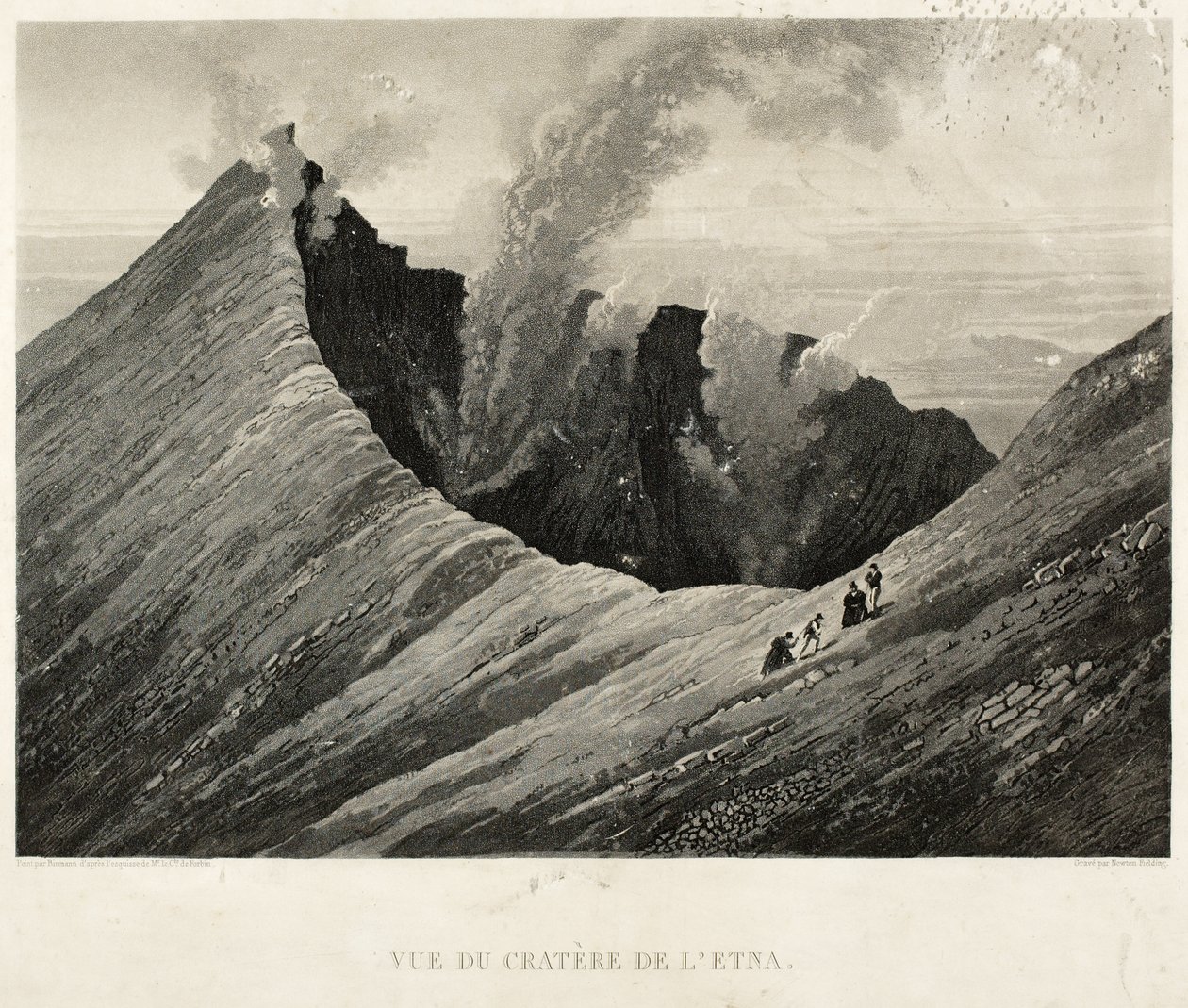 Utsikt over krateret i Etna, gravert av Newton Fielding (1799-1856) (akvatint) av Comte de Forbin