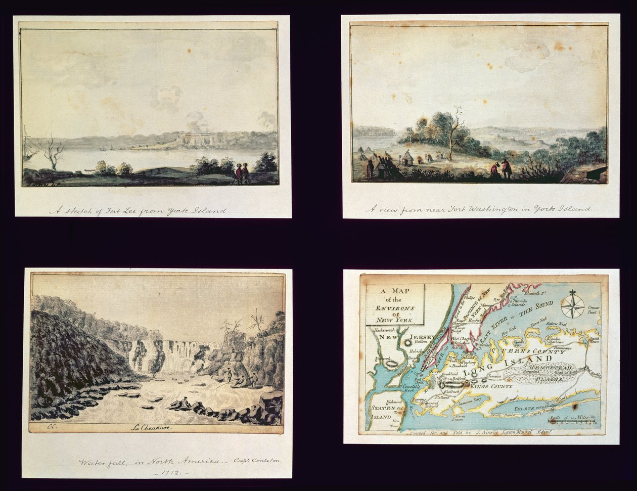 Nordamerikanske scener og et kart over New York, ca. 1772 av Conleton