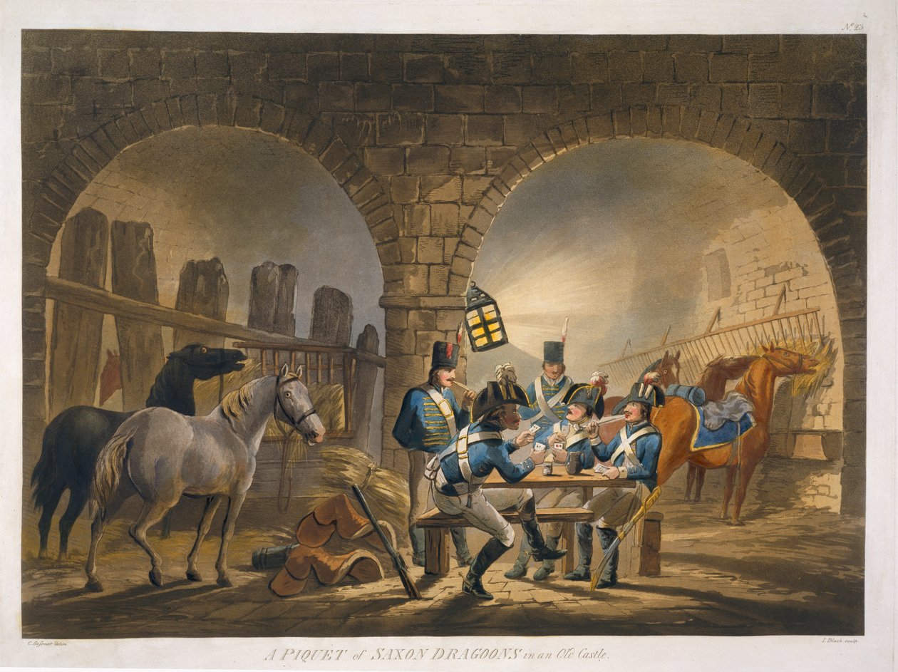 A Piquet of Saxon Dragons in an Old Castle, fra 'Military Evolutions', pub. Ackermann, London, 1799-1802 av Conrad Gessner