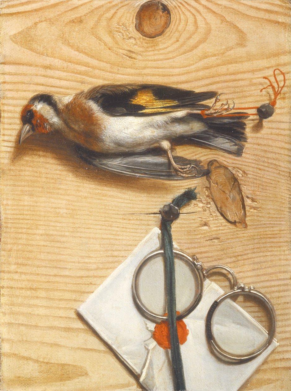 En trompe loeil av et par briller og en fink, 1740 av Conrad Manlich