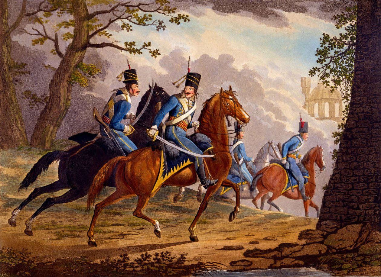 Østerrikske husarer i jakten på fienden, 1799 (håndfarget akvatint) av Conrad Gessner