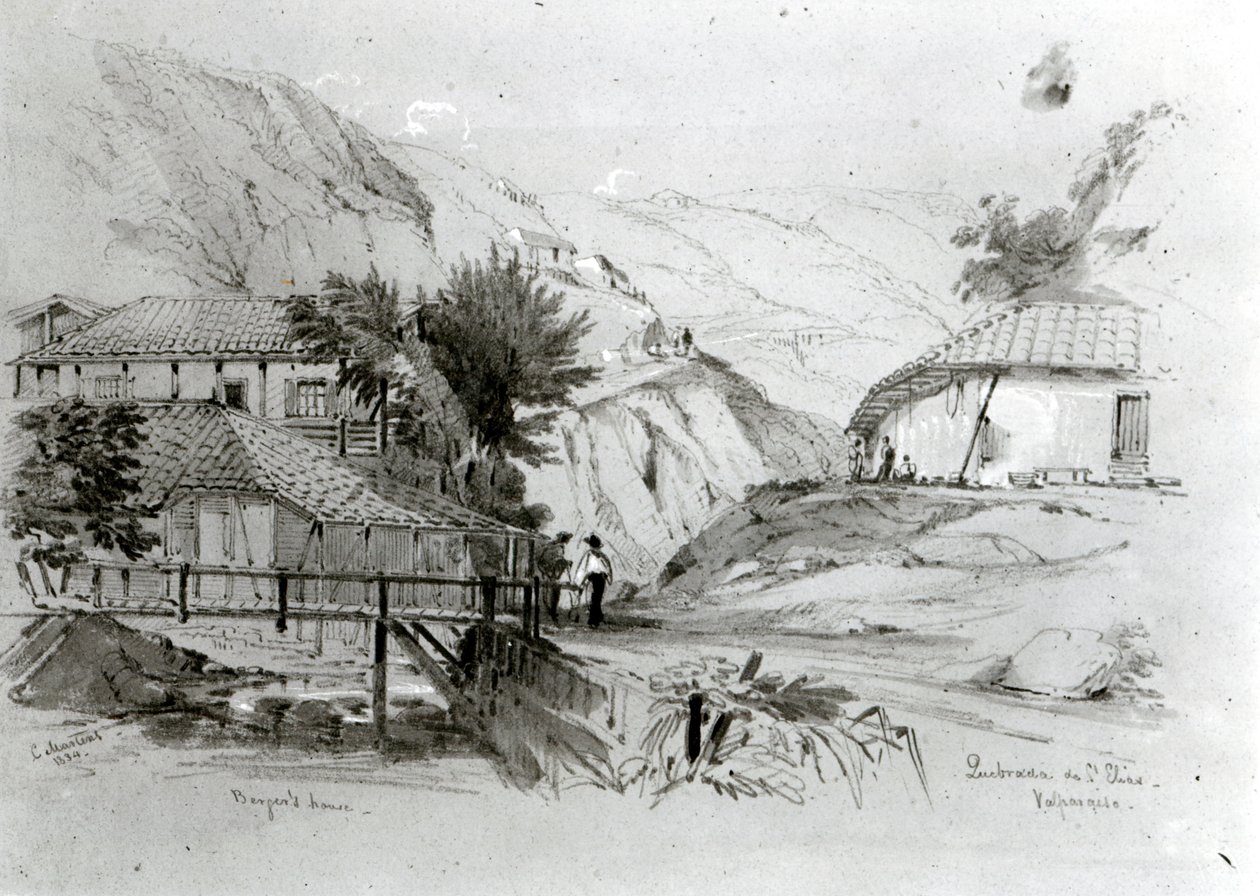 Bergers hus, Valparaiso, 1834 (blyant og wc på papir) (bw-foto) av Conrad Martens