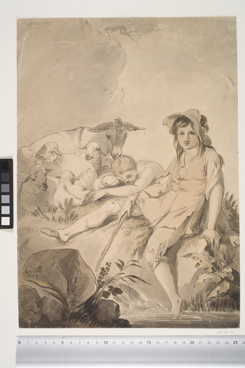Pastoral scene med to barn og dyr av Conrad Martin Metz