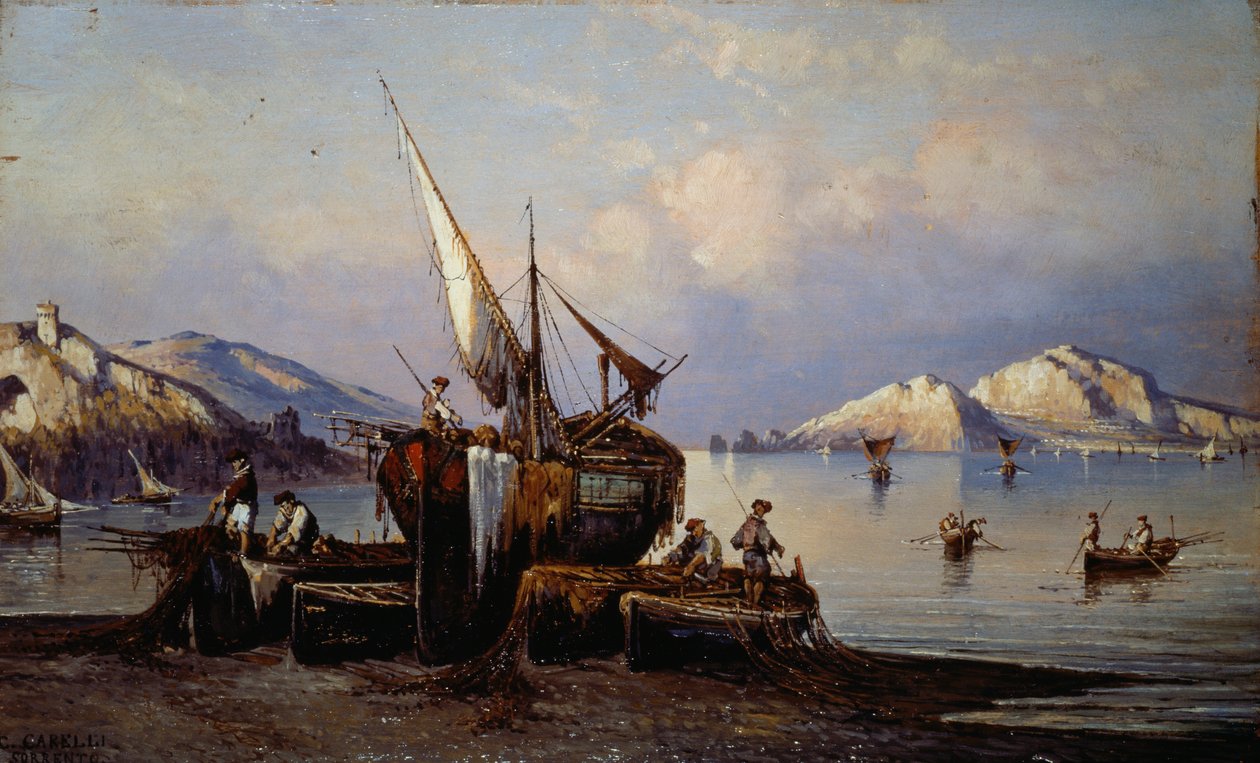 Fiskere i Nerano med Capri-øya i bakgrunnen (olje på lerret) av Consalvo Carelli