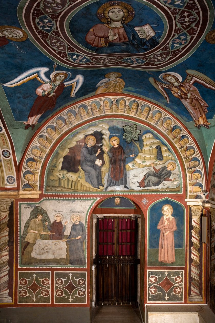 Ulike episoder av livet til Saint Benoit: i sentrum "The miracle of Saint Placide"" Saint Benoit of Nursie, takket være intervensjonen fra Saint Maur, hans første disippel, redder den unge Placide fanget i strømmen av en innsjø. Nedenfor er miraklet av Consolo