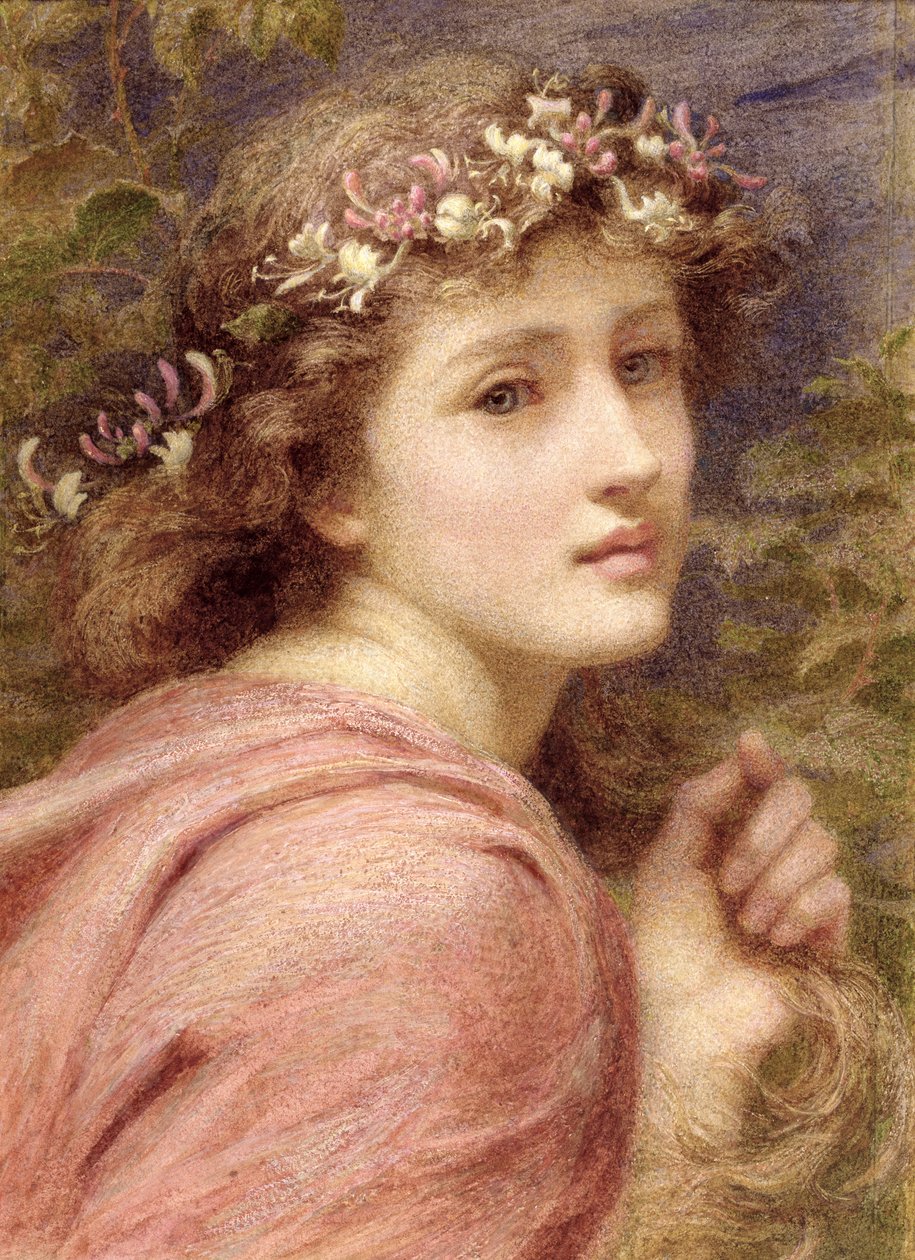 Med blomster blottet pyntet pent; hvis ømme lokker skjelver alle ved hvert lille pust som blåses under himmelen, 1894 av Constance Phillott