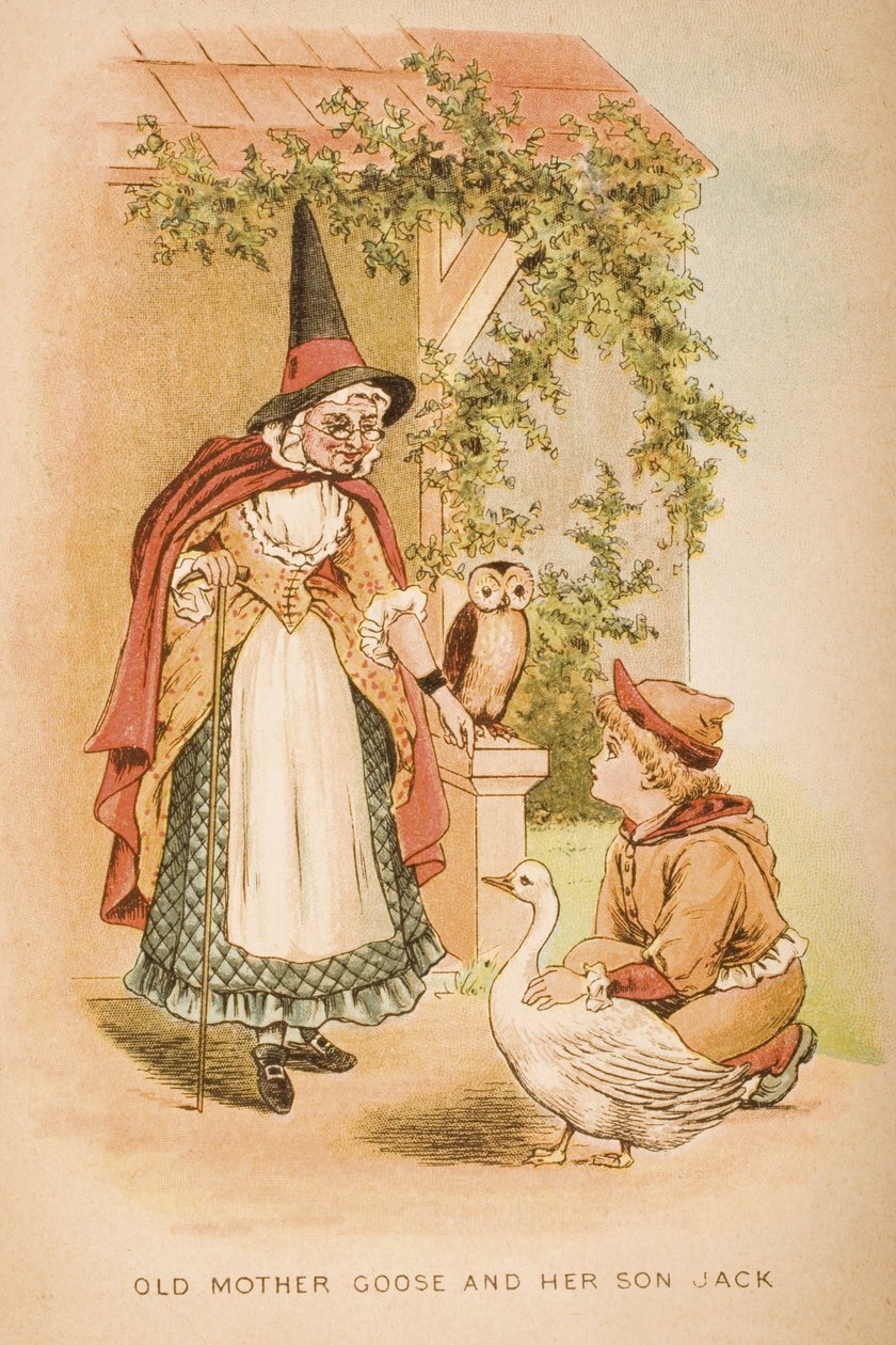 Old Mother Goose and her Son, Jack, Forside av 'Old Mother Goose's Rhymes and Tales', utgitt av Frederick Warne und Co., ca. 1890-tallet (chromolitho) av Constance Haslewood