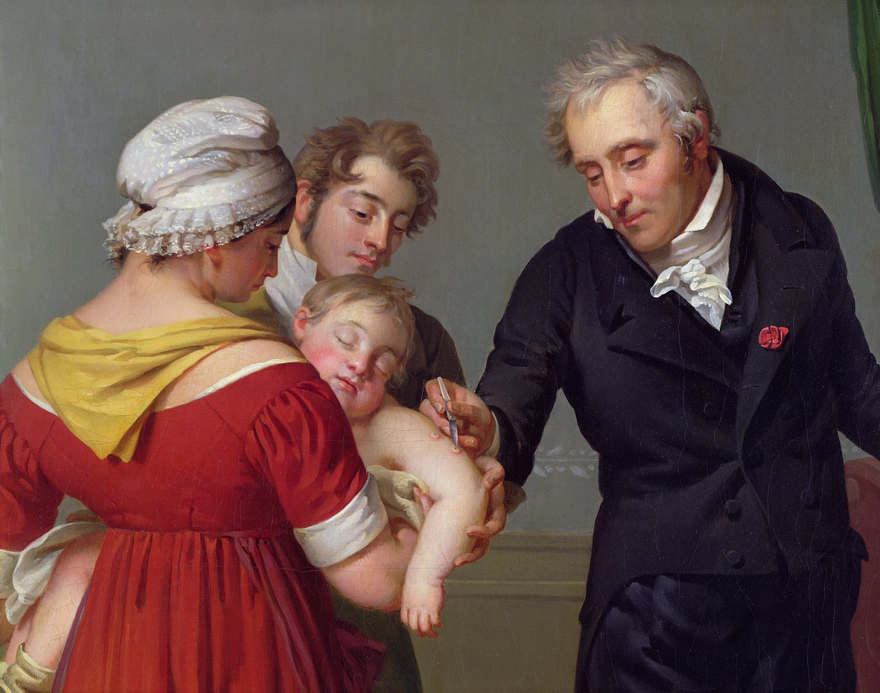 Baron Jean Louis Alibert (1768-1837) utførte vaksinasjonen mot kopper i Chateau of Liancourt, ca. 1820 (detaljer) av Constant Joseph Desbordes
