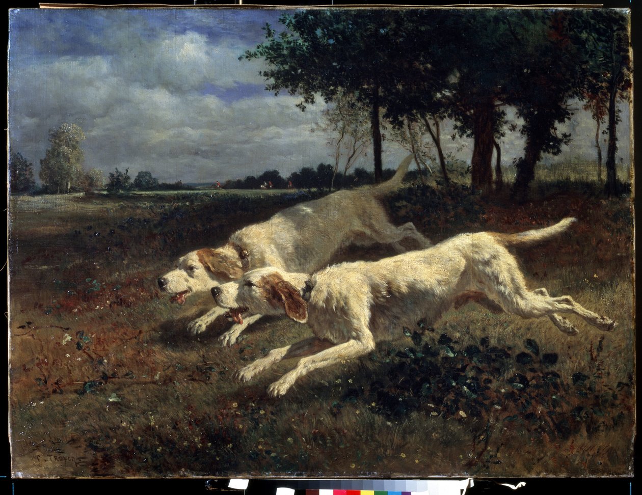 Løpende hunder. Maleri av Constant Troyon (1810-1865). Olje på lerret, 75 x 11 cm av Constant Emile Troyon