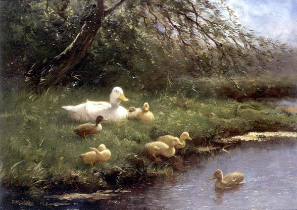 En enderfamilie ved en elv (olje på panel) av Constant Artz