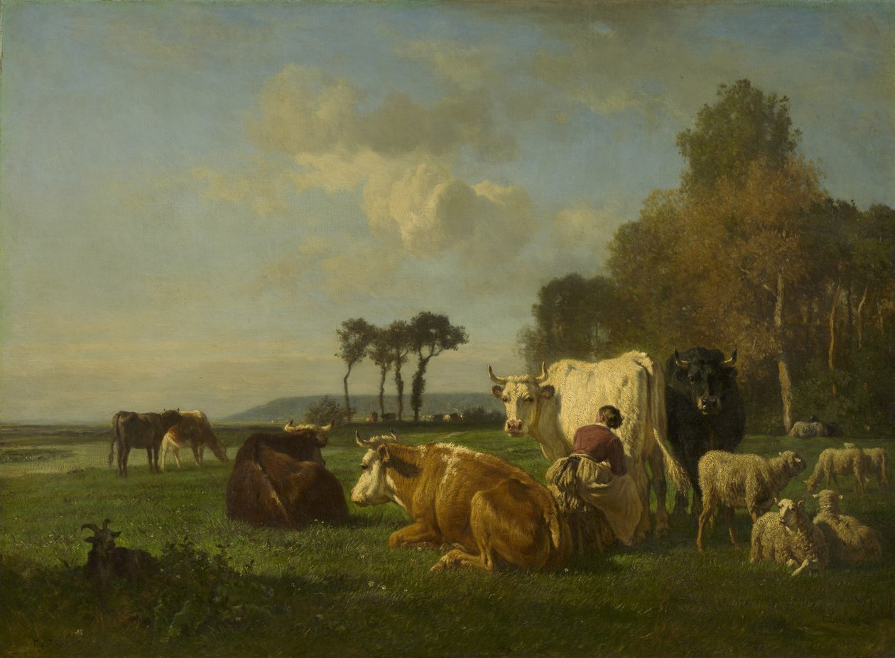 Storfe og sauer i et landskap, ca. 1855 av Constant Emile Troyon