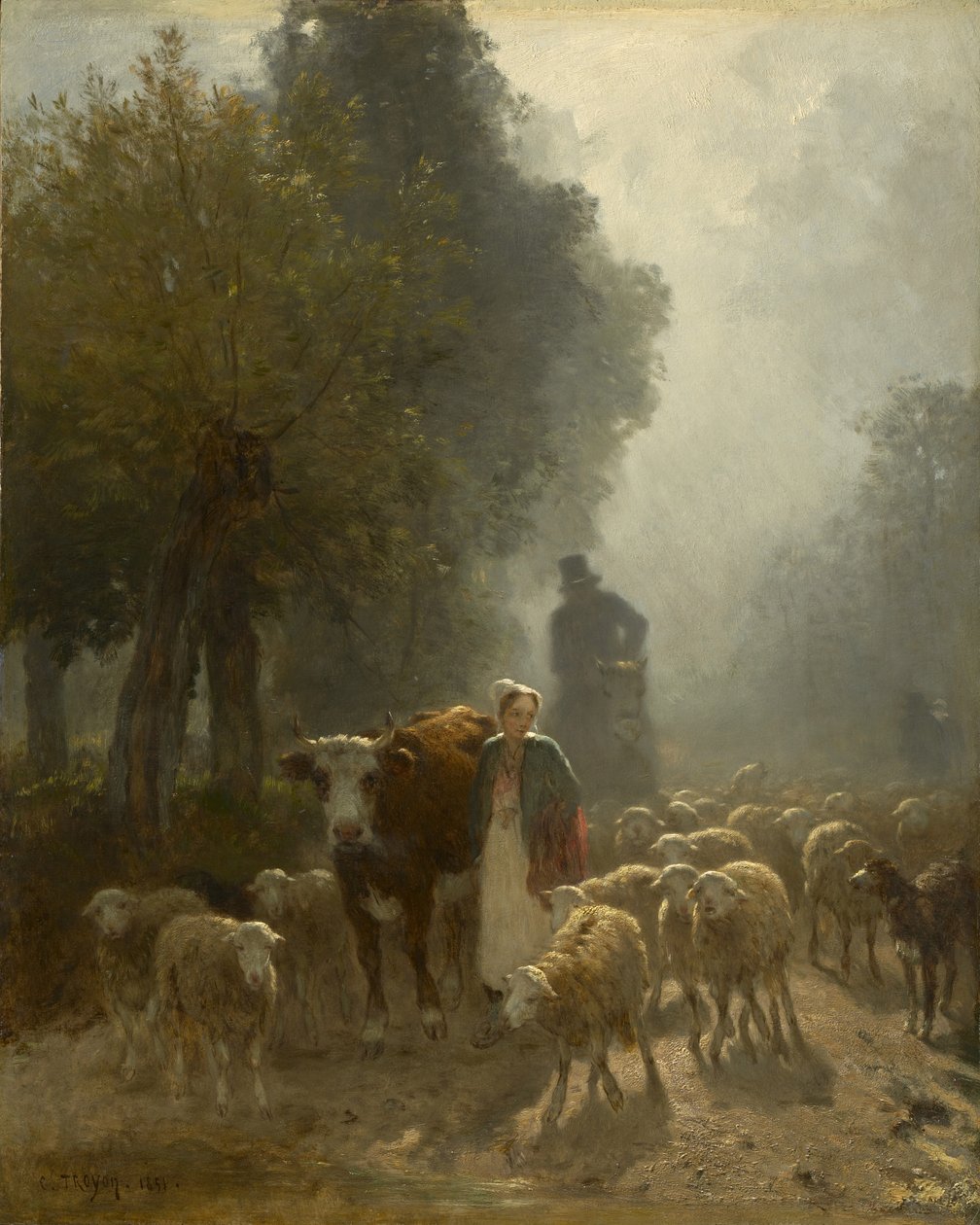 Går til markedet på en tåkete morgen, 1851 av Constant-Emile Troyon