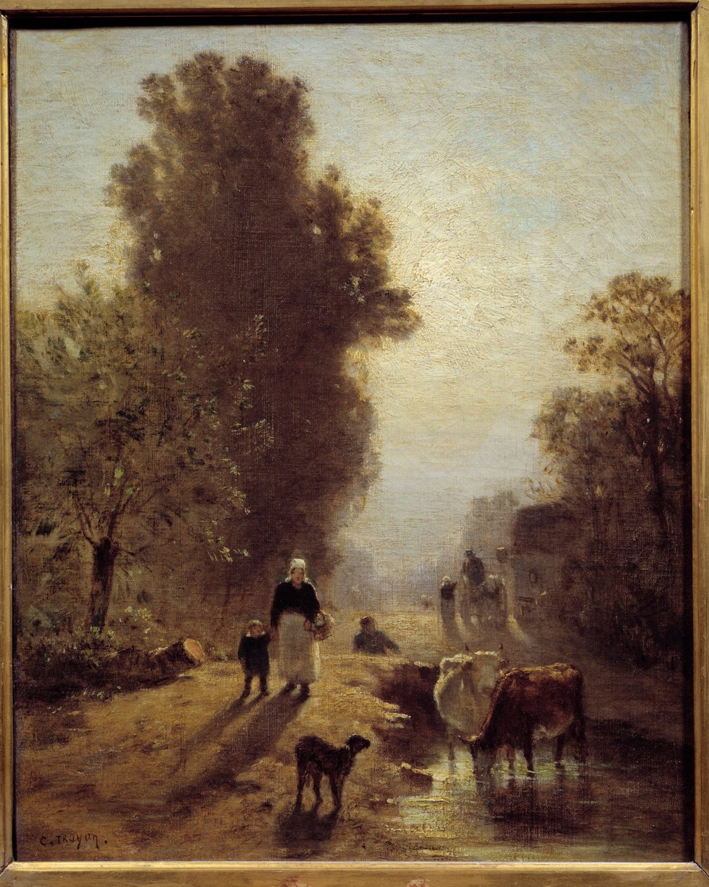 Om morgenen Bondefamilier og betail i morgengryets tåke. Maleri av Constant Troyon (1810-1865) Søn fra 1800-tallet. 0,41x0,32 m av Constant Emile Troyon