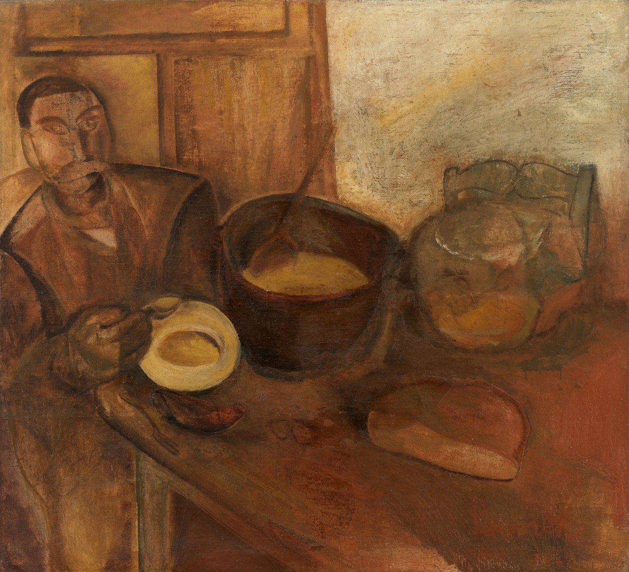Mann som spiser melkesuppe (olje på lerret) av Constant Permeke