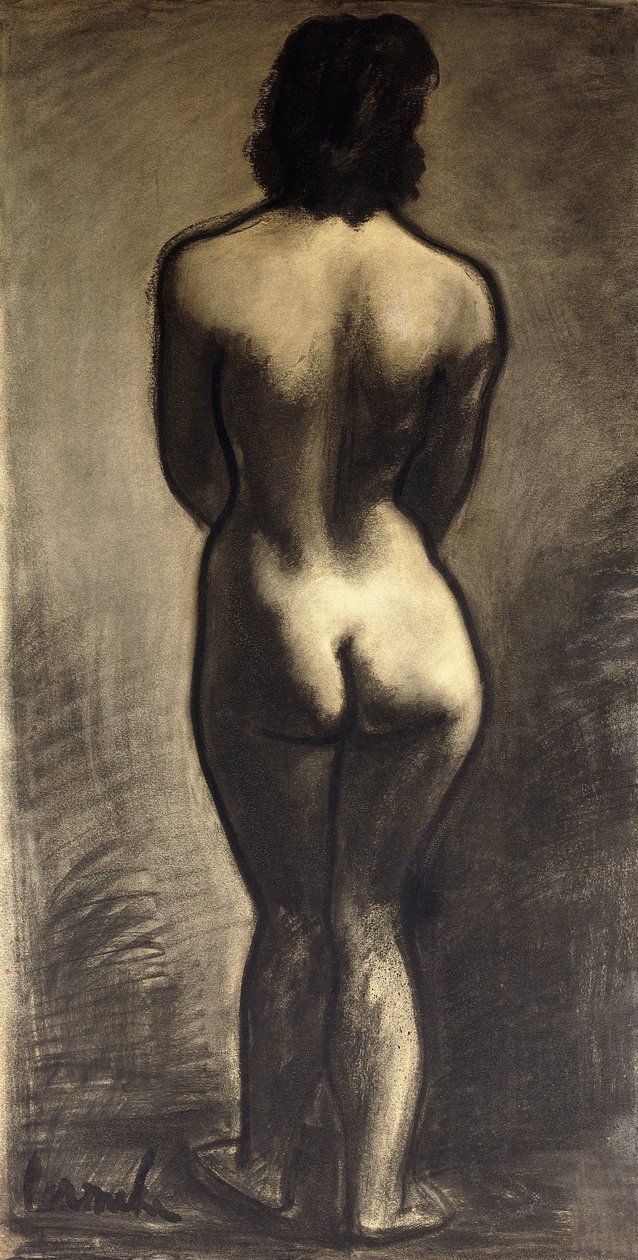 Stående naken; Nu Debout - Stand Naakt, ca. 1930 (svart kritt og svart vask på papir) av Constant Permeke