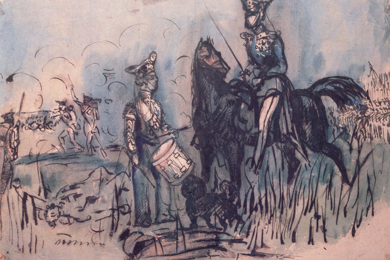 Russiske tropper i slaget ved Inkerman, 5. november 1854 (wc og blekk og vask på papir) av Constantin Guys