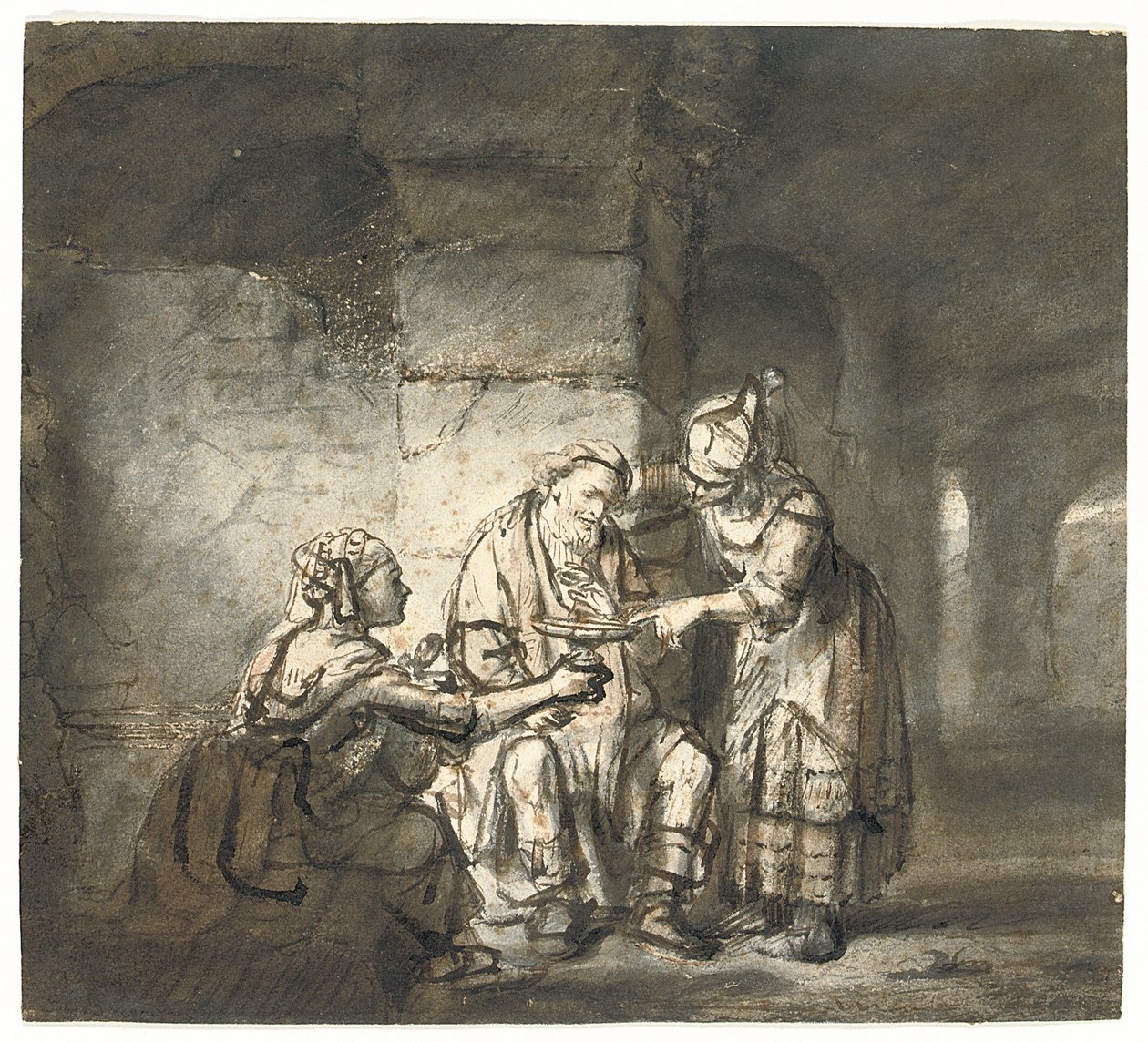 Lot og hans døtre (1. Mosebok 19:33) (svart og rødt kritt, penn og brunt blekk) av Constantin Daniel van Renesse