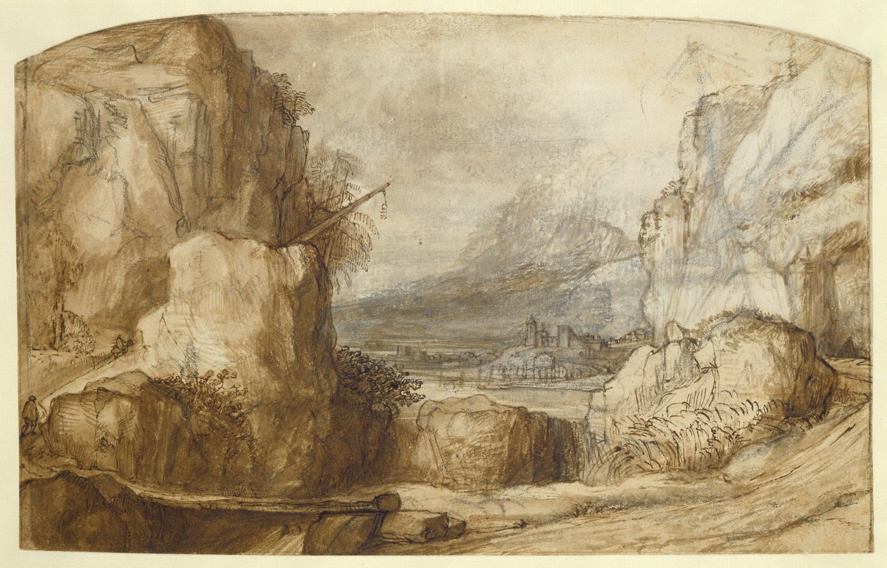 Fjelllandskap (penn, brunt blekk, pensel og kritt på papir) av Constantin Daniel van Renesse