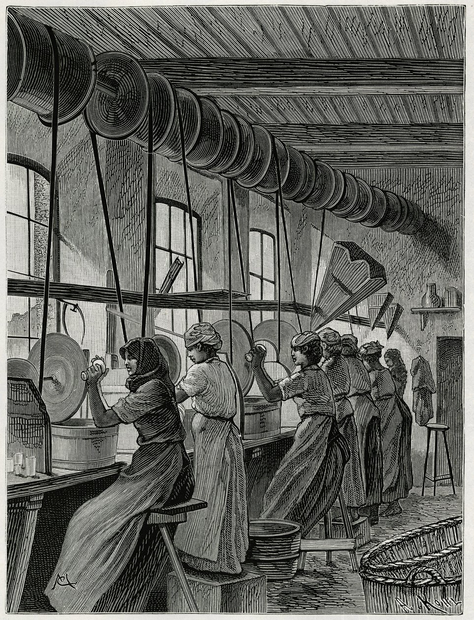 Et kvinneverksted ved glasstøyet til Val Saint Lambert. Gravering av C.Meunier for å illustrere historien "" La Belgique"", av Camille Lemonnier (1844-1913), forfatter og kunstkritiker. av Constantin Emile Meunier